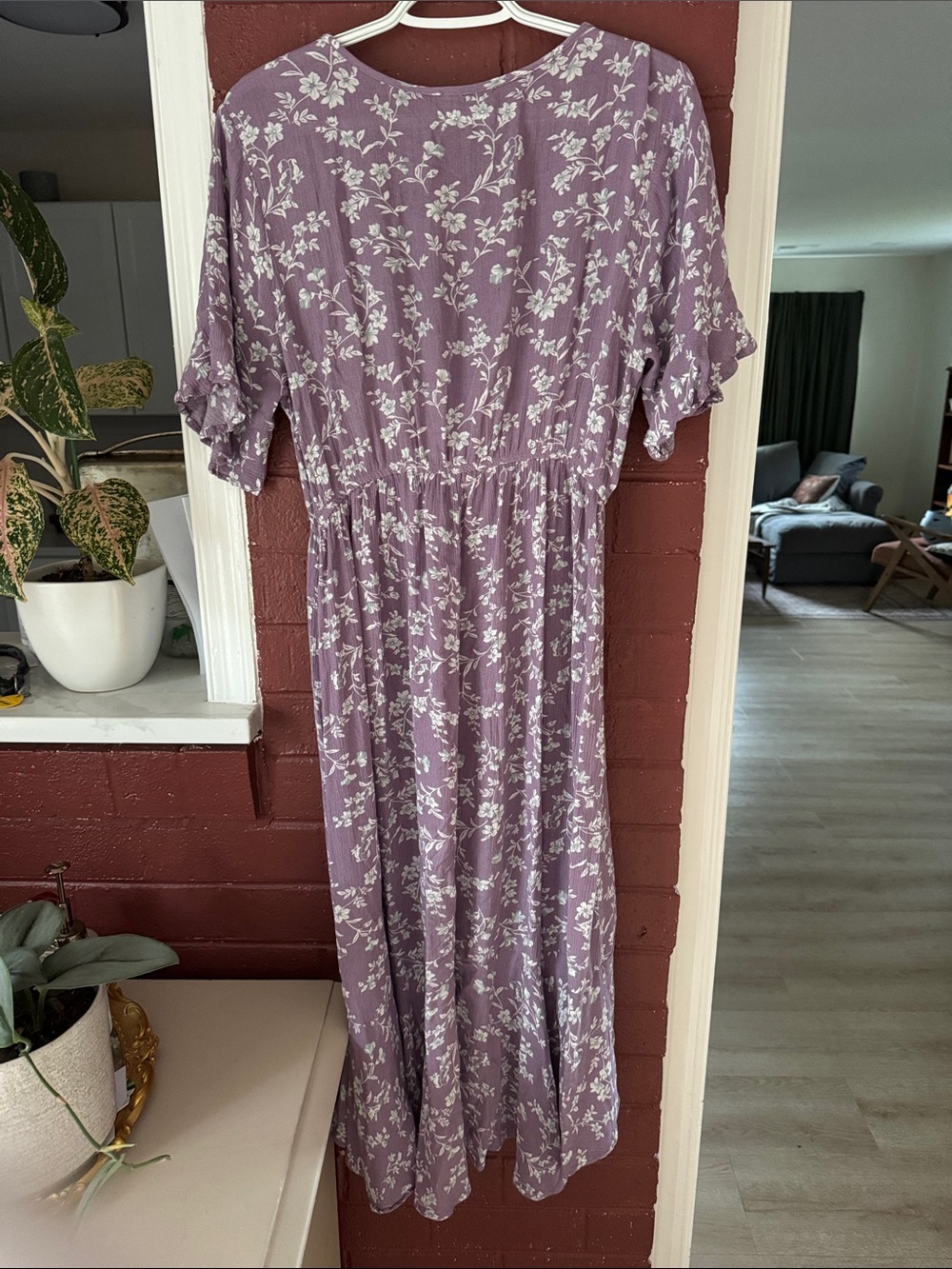 Kori Purple Floral Wrap Hi-Lo Ruffle Bottom Dress Medium - Picture 6 of 8